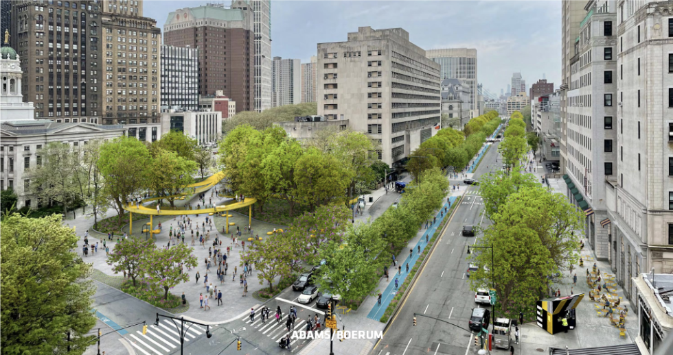 Rendered concept of a pedestrian promenade replacing a parking lot